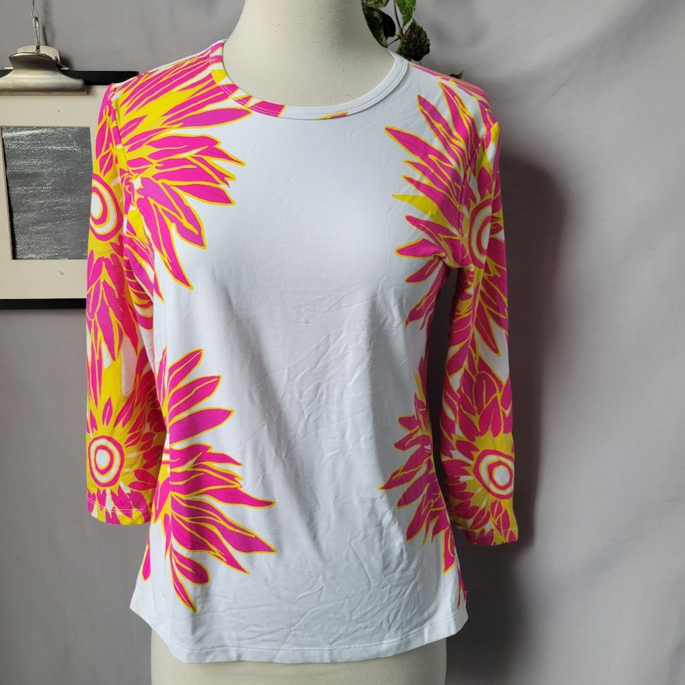 J. Mclaughlin Signature Catalina Cloth Floral Tee Pink Yellow M